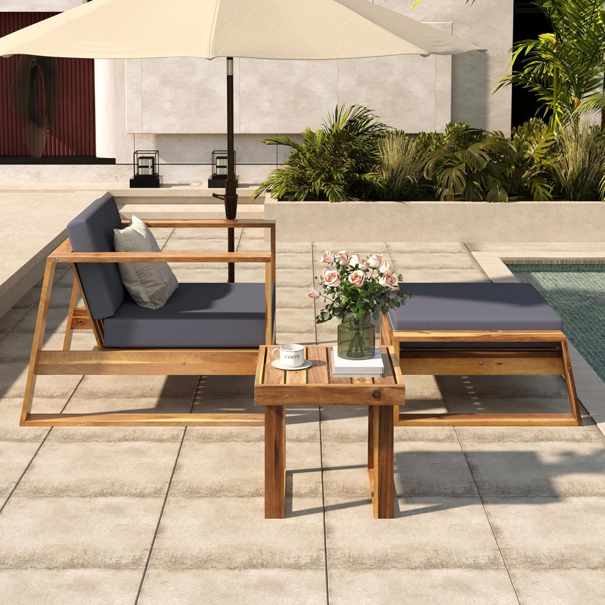 Merax 3 Piece Patio Furniture Set,Acacia Wood Outdoor Lounge Set,Chair & Ottoman and Table, Perfect for Patios, Balconies,and Gardens,Natural+Grey