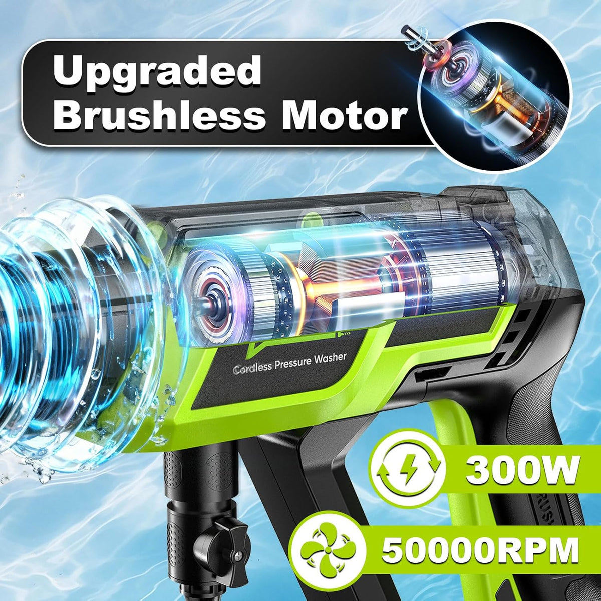 Cordless Portable Car Washer-Brushless Motor, 2X4000mAh Batteries & Fast Charger, 6-in-1 Nozzle, Extension Rod, 16.4FT Hose & Storage Case, Handheld Car Cleaning Tool for Car/Home/Patio & Garden