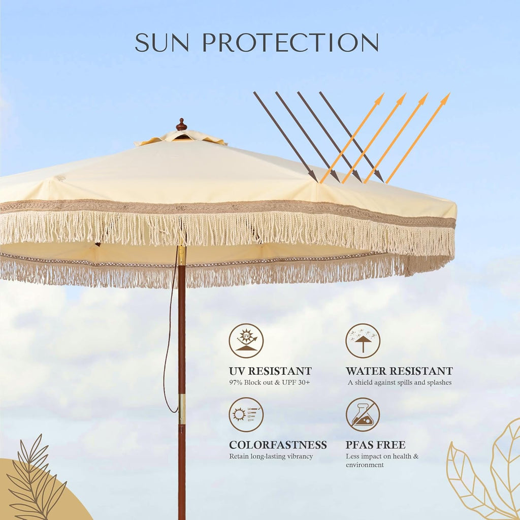 LAGarden Boho Market Wood Fringe Patio Umbrella with Carry Bag Tassels for Outdoor Event Garden Yard House Wedding Party Deck Poolside Sun Shade Parasol