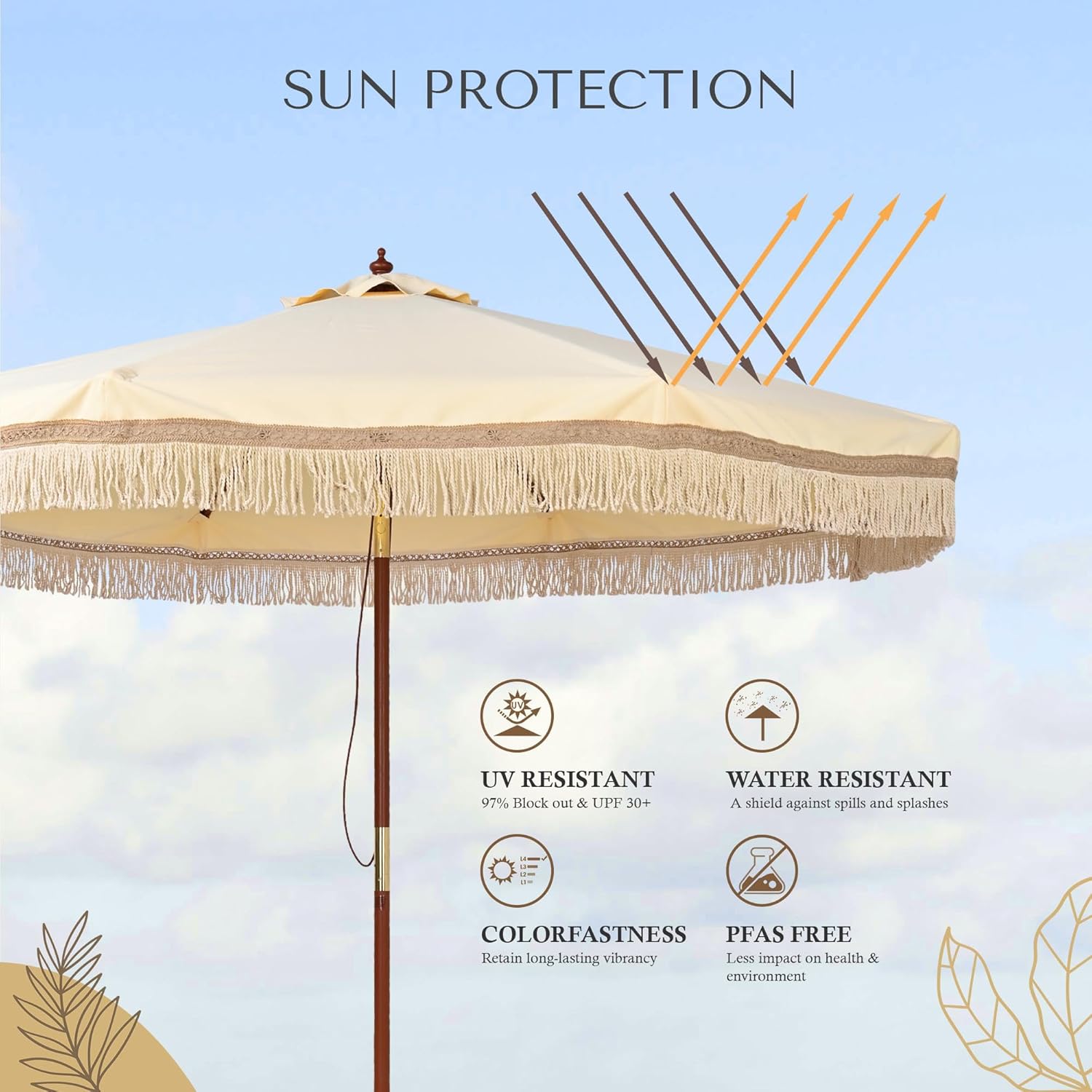 LAGarden Boho Market Wood Fringe Patio Umbrella with Carry Bag Tassels for Outdoor Event Garden Yard House Wedding Party Deck Poolside Sun Shade Parasol