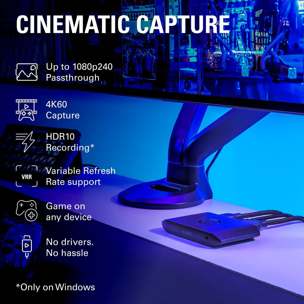 Elgato 4K S – External Capture Card for PS5, Xbox Series X/S, Switch 2, PC, Mac, iPad | 4K60, 1440p120, or 1080p240 Passthrough and Capture, HDR10, VRR, USB-C, Near-Zero Latency