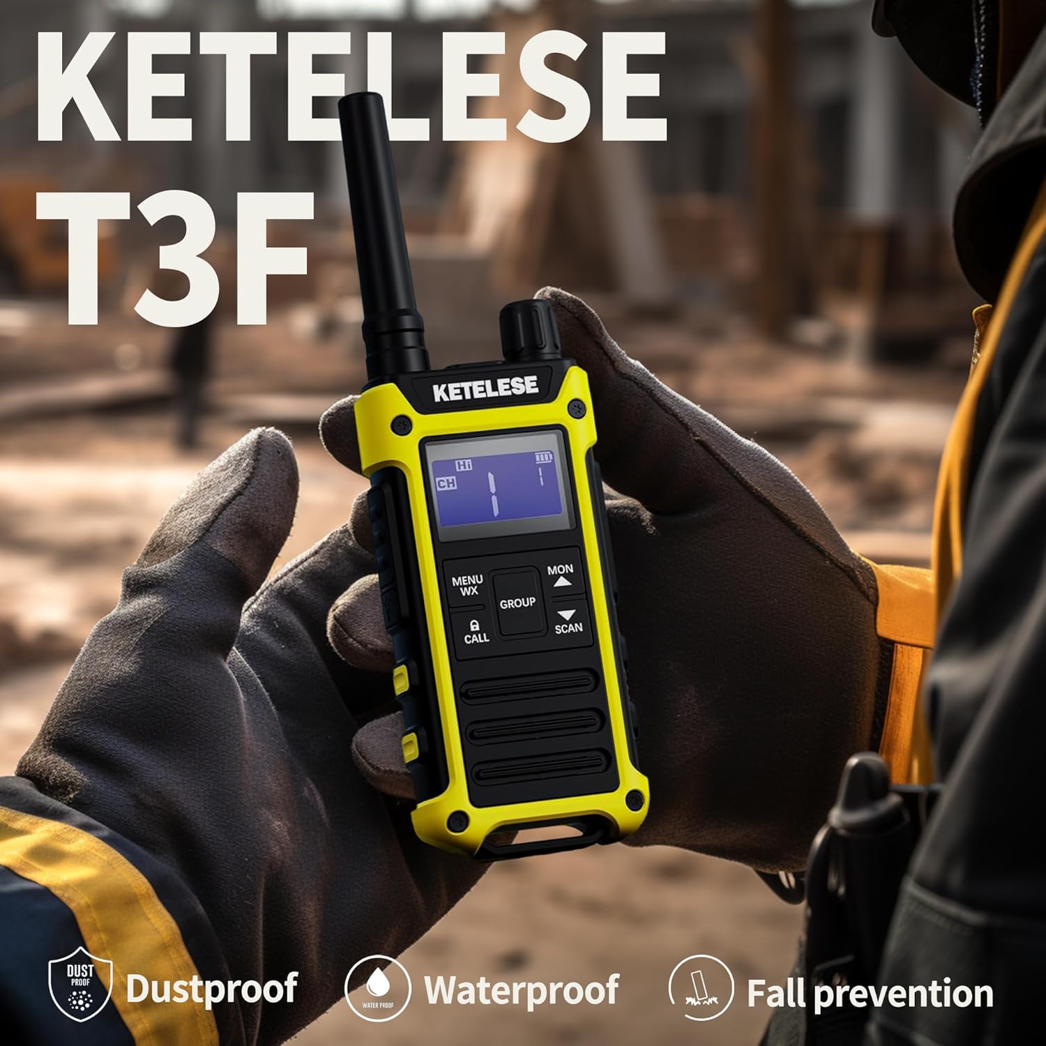 KETELESE T3F IP67 Waterproof Two Way Radios, FRS Walkie Talkie 4 Pack with Earpieces,USB C Charge Dock,Group Talk,Flashlight,VOX,Weather Alert, for Adults, Black/Yellow