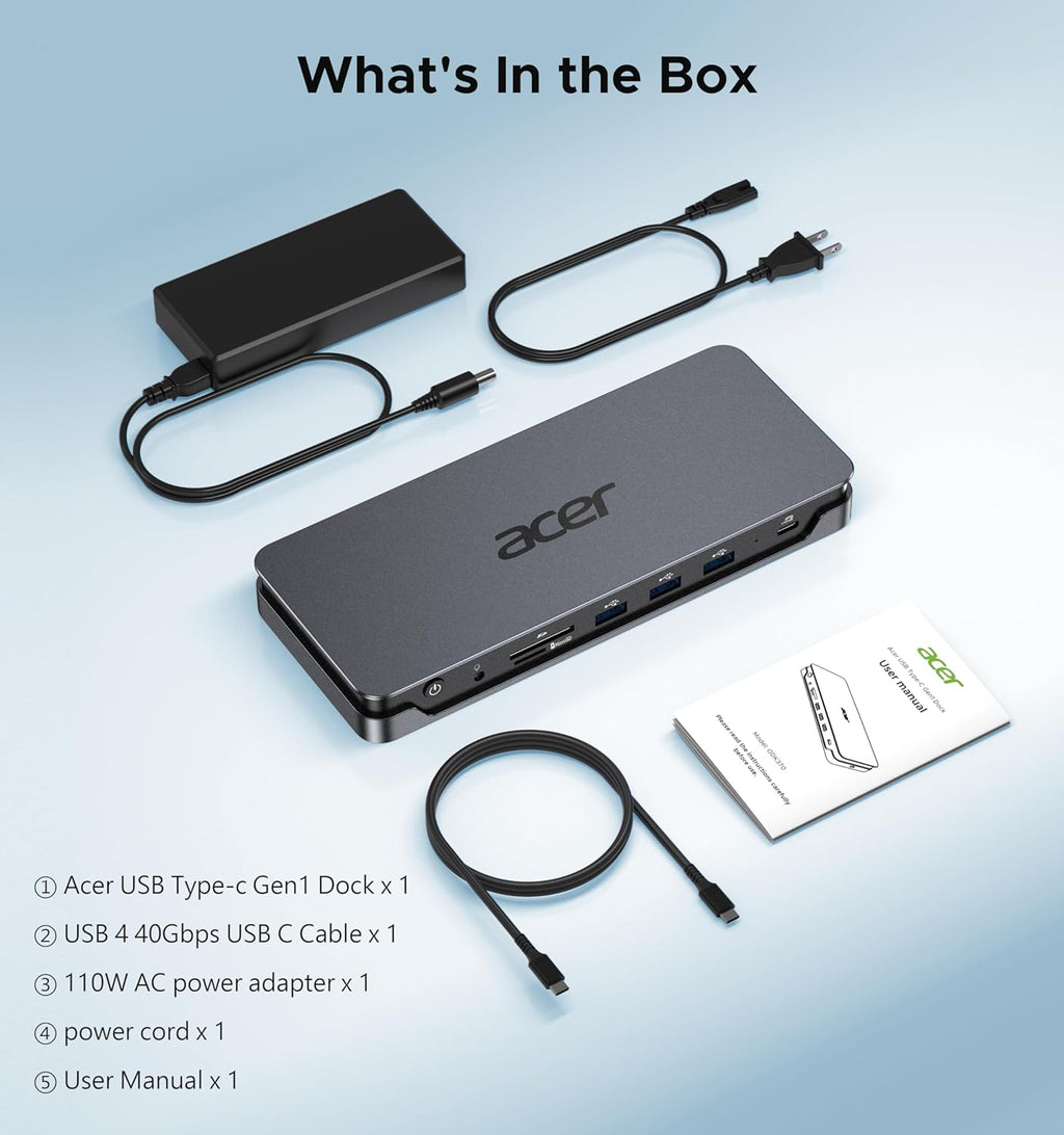 Acer Premium 13-in-1 Docking Station with 110W PD & Triple Monitor Support | Dual 4K HDMI and DP,5Gbps USB A/C,Gigabit Ethernet,Security Lock | Laptop Docking Station for Windows/Dell/HP/Lenovo/Asus