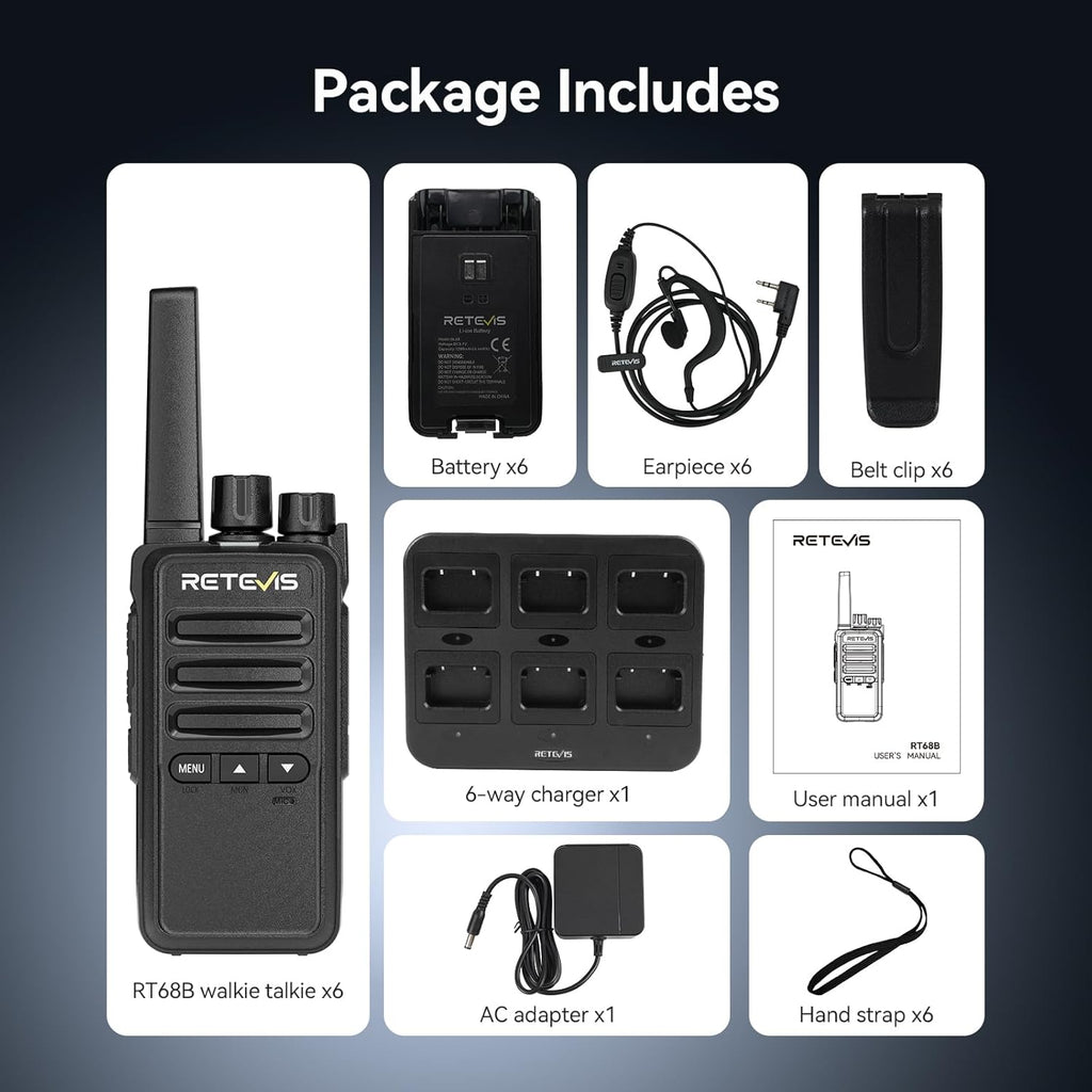 Retevis RT68B (3rd GenRT68) Walkie Talkies with Earpiece - 16 Channels, 30H Battery, FRS Two-Way Radios, 6-Way Charger, VOX, Long Range, Rugged & Water Resistant,for Adults, School, Church(6 Pack)