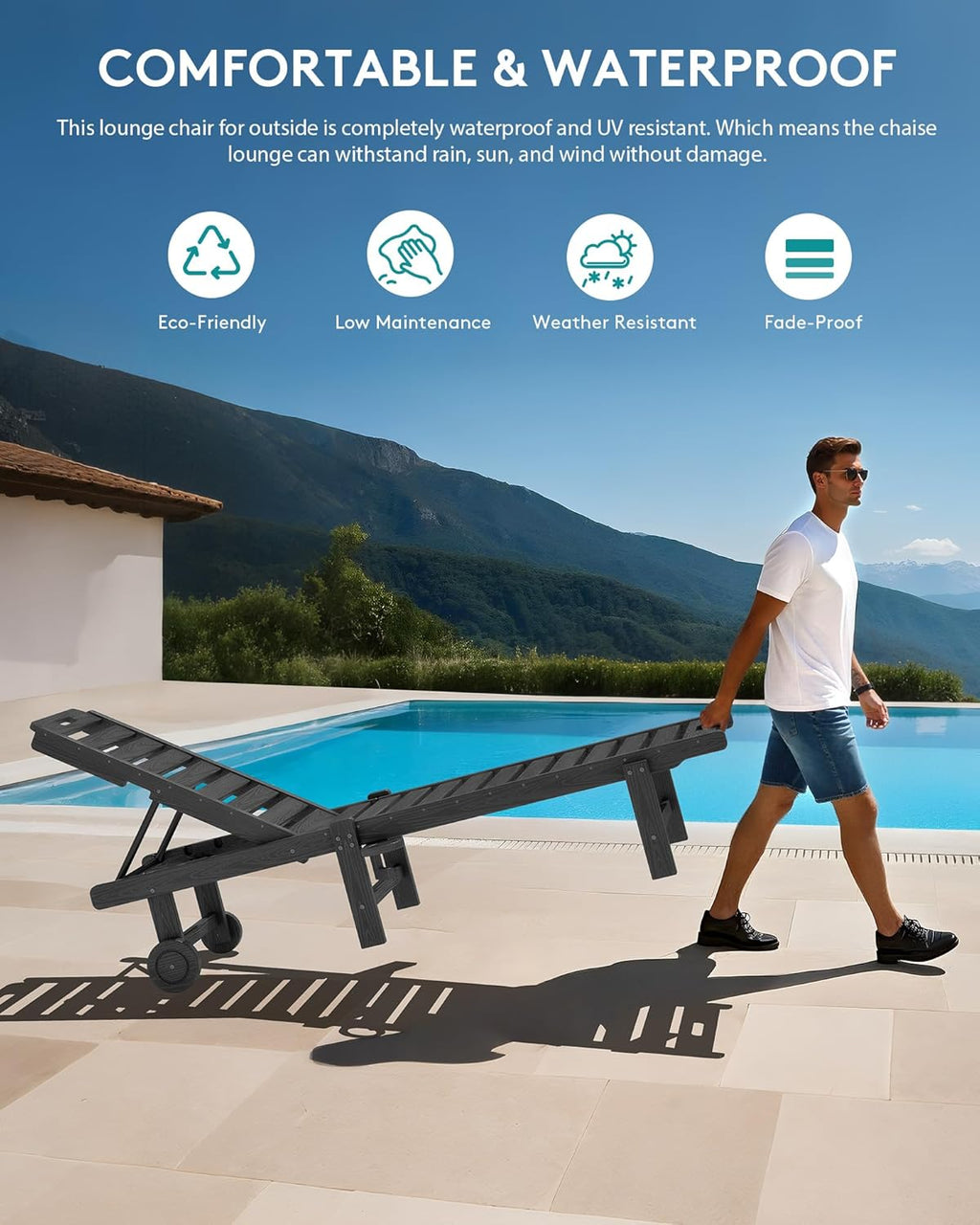 SERWALL Outdoor Chaise Lounge Set of 2, All-Weather HDPE Pool Lounge Chairs with 5-Position Adjustable Reclining Backrest, Rolling Wheels & Cup Holder for Poolside, Grey