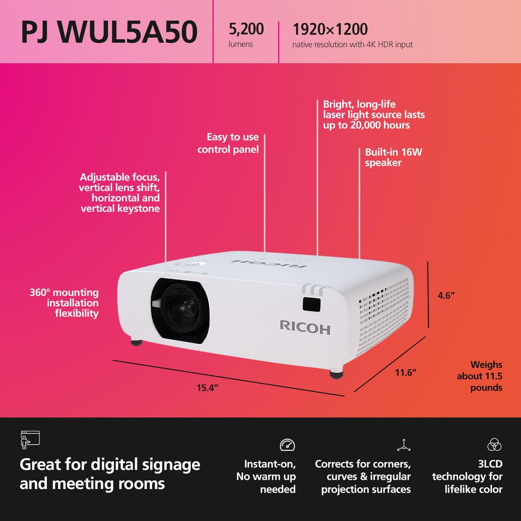 RICOH PJ WUL5A50 Compact 3LCD Laser Projector | 5200 Lumens | 1920x1200 WUXGA w/4K Input | 30-300" Screen Size | 360° Installation | Up to 30k Hours | Built-in 16W Speaker