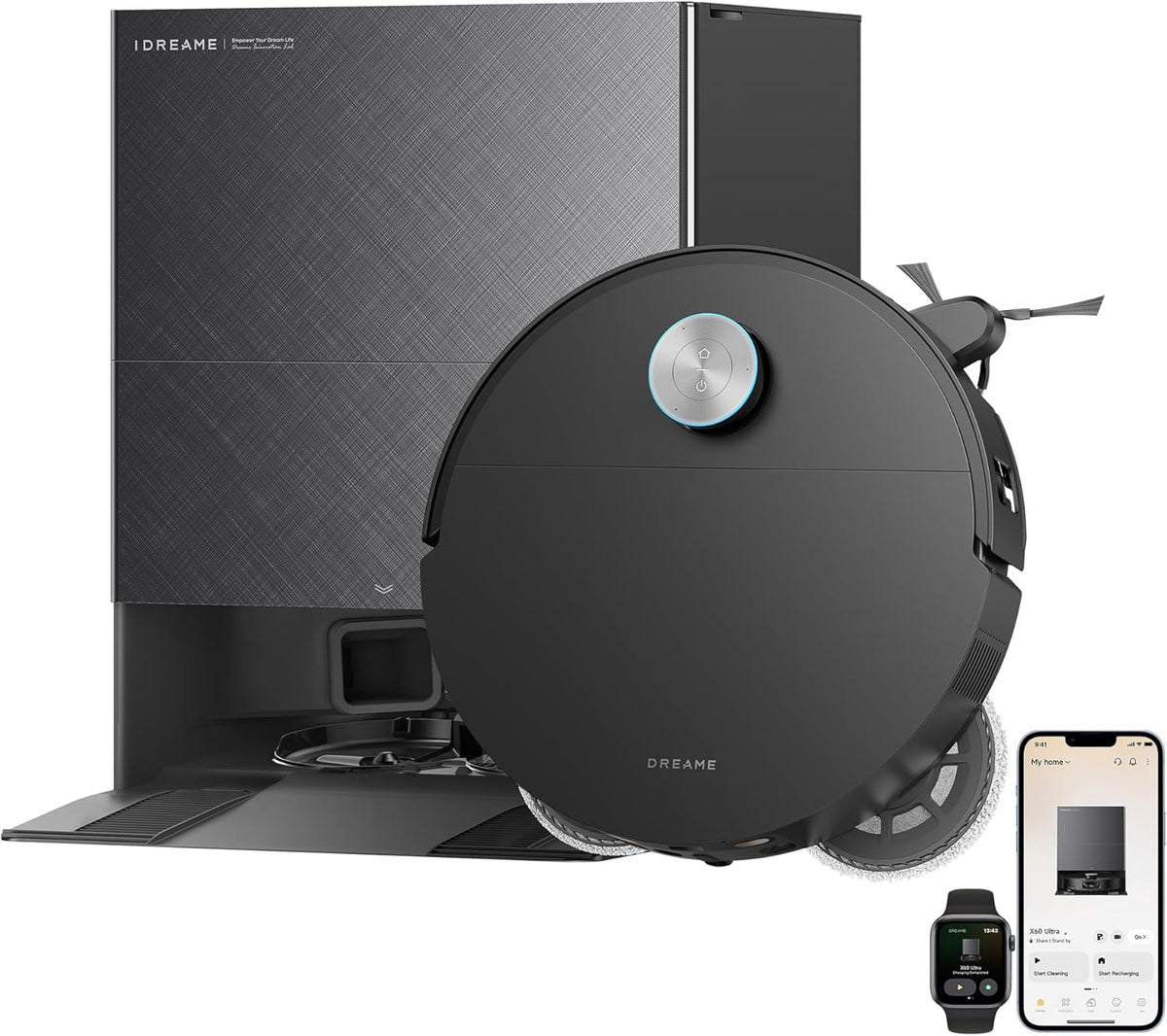 DREAME X60 Ultra Robot Vacuum and Mop, 3.13in Ultra-Thin Design, 3.47in Obstacle Clearing, 35,000Pa Suction, Self Emptying&Refilling, Mop Self-Cleaning, 100% Detangling, 280+Obstacle Avoidance, Black