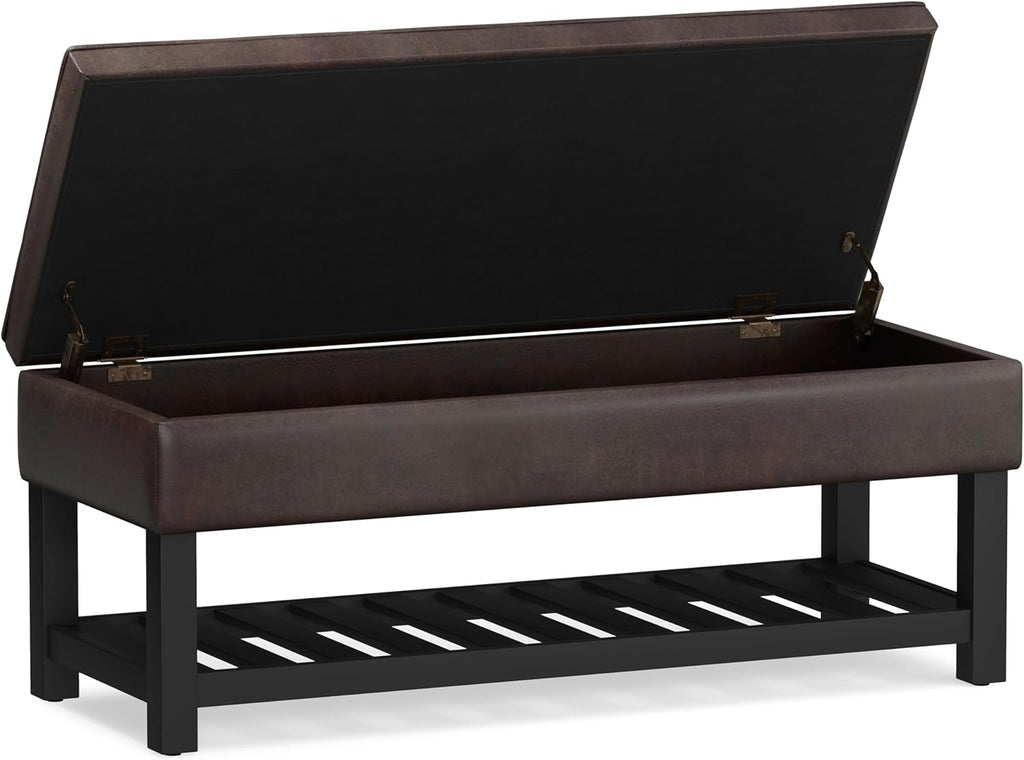 SIMPLIHOME Cosmopolitan Storage Ottoman Bench - 44 inch Wide Upholstered Vegan Leather Rectangle Storage Ottoman in Distressed Brown, Transitional Bench for Bedroom with Tufted Lift-Top and Open Shelf