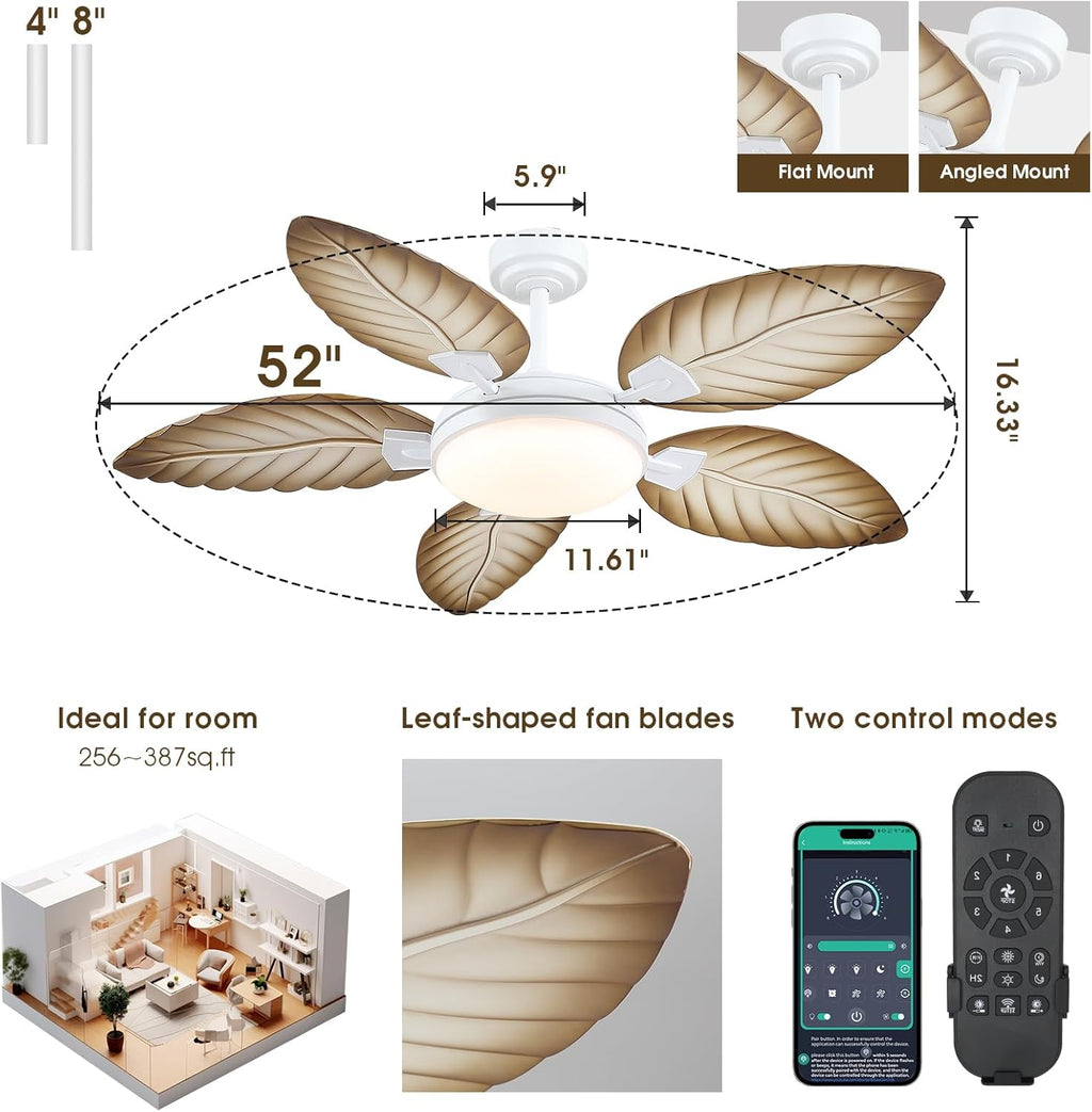 PHORUS 52" Palm Leaf Ceiling Fans with Lights, Outdoor Tropical Ceiling Fans with Remote for Patios Living Room, Dimmable, 6 Speeds, Reversible, Wood Grain