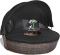 Tangkula Patio Round Daybed with Retractable Canopy, Outdoor Wicker Rattan Furniture Sets, Sectional Cushioned Sofa Set w/Height Adjustable Coffee Table, Rattan Conversation Sets (Black)