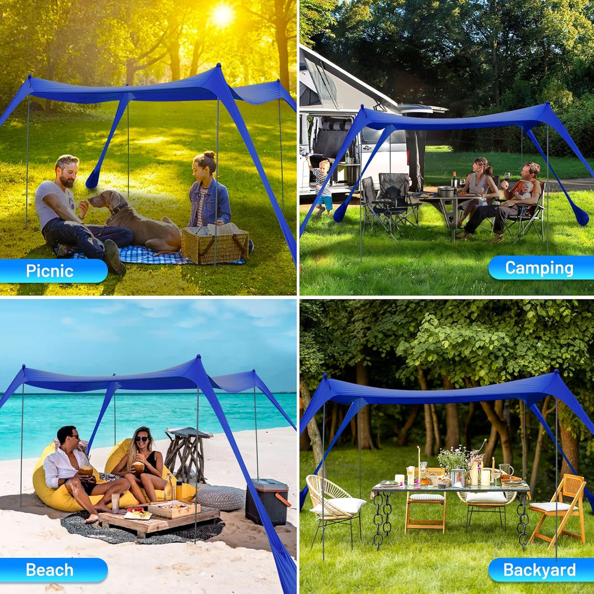 Family Beach Tent Canopy Sun Shade, Pop Up Grande Beach Tent Sun Shelter Stability 4 Poles with Portable Carry Bag Outdoor Shade for Fishing Backyard Camping