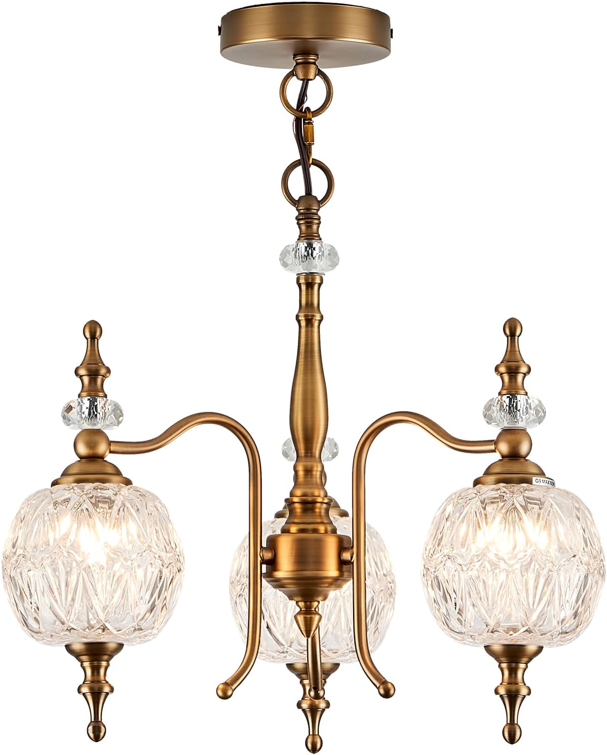 Vintage Pendant Light Fixtures, 3-Light Chandeliers for Kitchen Antique Gold Glass Pendant Lighting Matte Brushed Brass Finish with Crystal Glass Shade for Farmhouse Hotel Kitchen Island