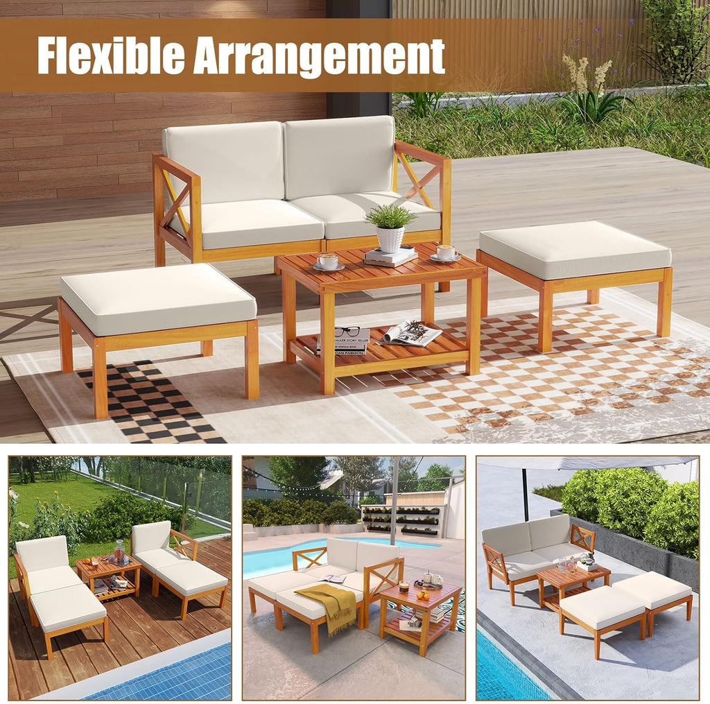 Tangkula 5 Pieces Patio Lounge Chair Set w/Ottomans, Acacia Wood Patio Conversation Set w/Cushions, Coffee Table, Modular Outdoor Lounge Sofa Set for Lawn, Backyard, Poolside
