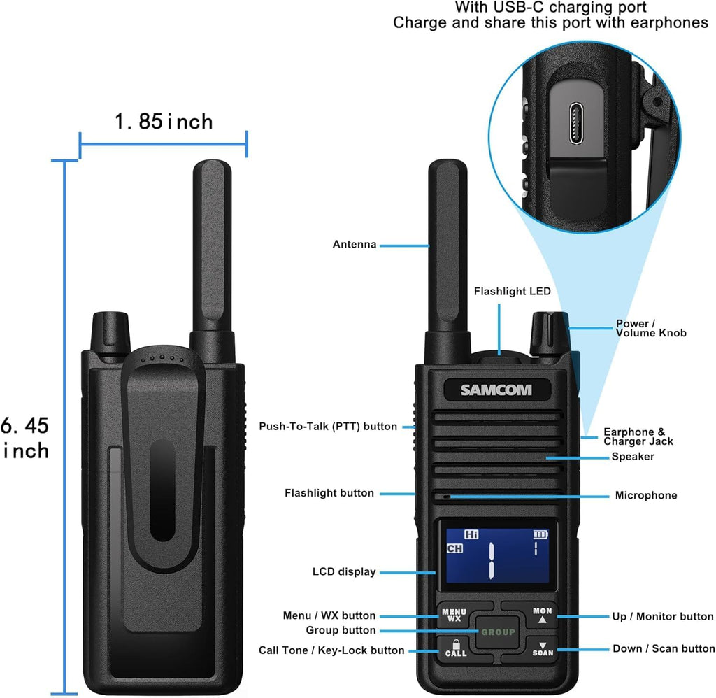 SAMCOM T2 GMRS Radio 2W Long Range Walkie Talkie NOAA Weather Rechargeable Heavy Duty Two Way Radio,Group Call Radios Walkie-talkies with Earpiece, USB-C Charger, Flashlight,4 Packs