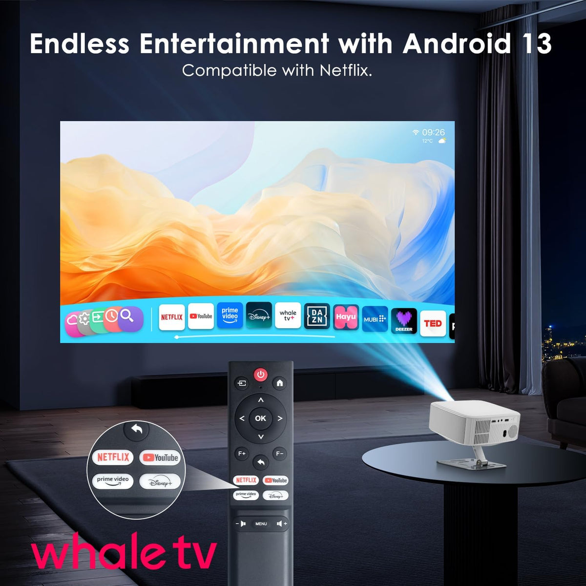 Smart Projector with Built in Apps, Mini Projectors 4K, Wifi and Bluetooth, FHD 1080P Outdoor Movies Proyector Compatible with Netflix, YouTube, PrimeVideo, Auto Keystone/Electric Focus (White)