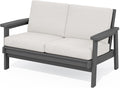 SERWALL HDPE Outdoor Patio Loveseat, All Weather Wood-Like Outdoor Sofa HDPE Outdoor Furniture, Grey Frame and Khaki Cushion