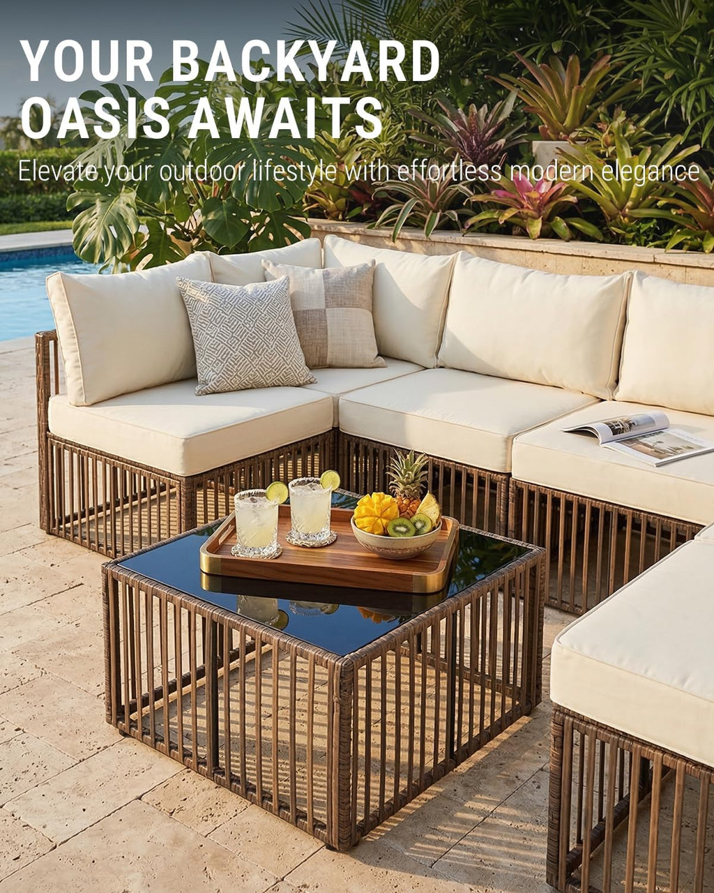 7-Piece Outdoor Patio Furniture Set, Modern PE Rattan Sectional Sofa with Adjustable Chaise Lounge, Modular All-Weather Wicker Conversation Set for Backyard, Poolside, Porch (Brown-Beige)