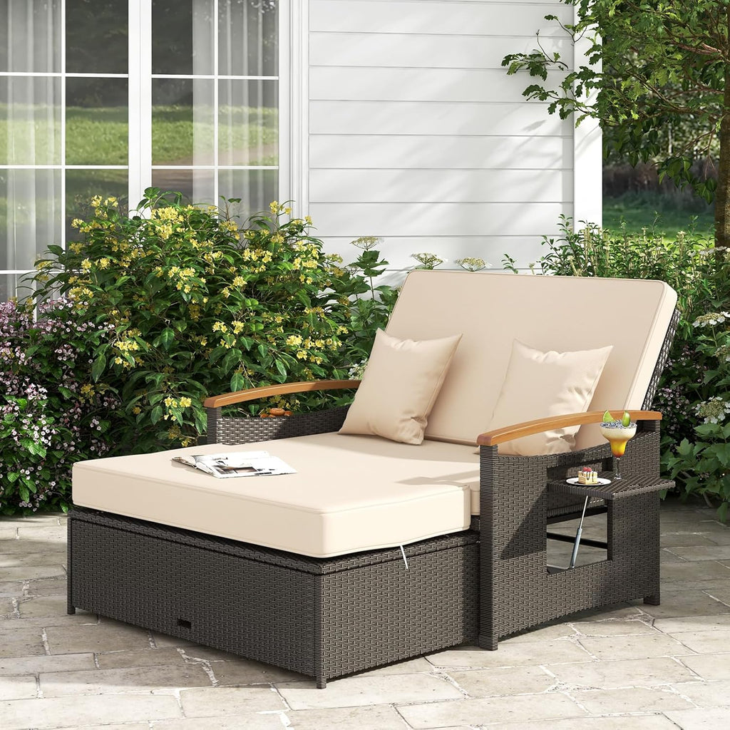 LDAILY Moccha Outdoor Wicker Daybed, Patio Rattan Loveseat Sofa w/ 4-Level Adjustable Backrest, Folding Panels, Storage Ottoman & Cushions, Lounge Furniture Set for Poolside Backyard Porch (Beige)