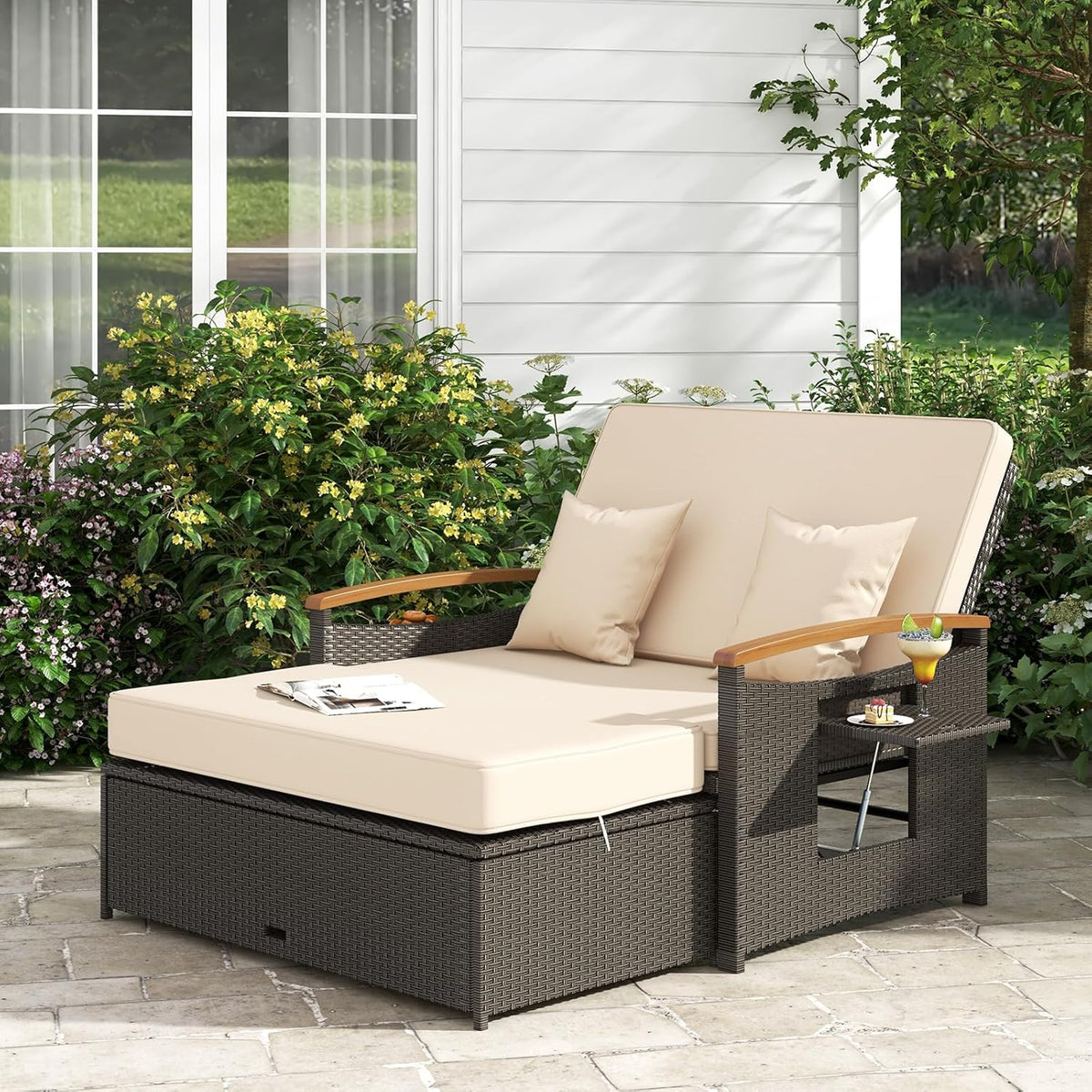LDAILY Moccha Outdoor Wicker Daybed, Patio Rattan Loveseat Sofa w/ 4-Level Adjustable Backrest, Folding Panels, Storage Ottoman & Cushions, Lounge Furniture Set for Poolside Backyard Porch (Beige)
