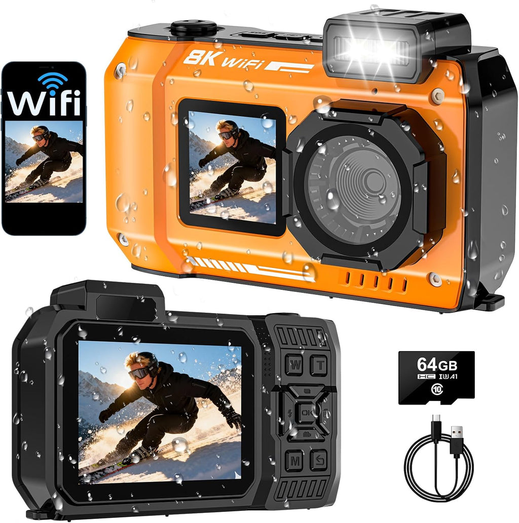 UHD 8K Underwater Camera, 70MP 33FT WiFi Waterproof Digital Camera with 64GB Card, Auto Focus Waterproof Dual-Screen Selfie 2500mAh Battery, 18X Floatable Digital for Snorkeling, Orange