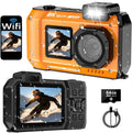 UHD 8K Underwater Camera, 70MP 33FT WiFi Waterproof Digital Camera with 64GB Card, Auto Focus Waterproof Dual-Screen Selfie 2500mAh Battery, 18X Floatable Digital for Snorkeling, Orange