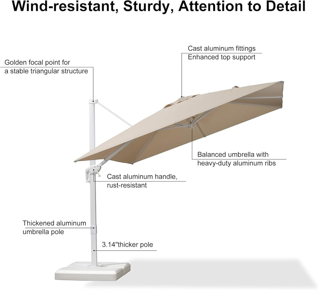 PURPLE LEAF 9 FT White Patio Umbrella With Base Outdoor Cantilever Umbrellas Square Offset Umbrella Windproof with 360° Rotation for Garden Deck Pool, Beige
