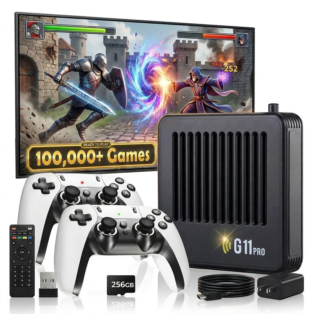 2026 Upgraded G11 Pro Game Box Console, 60,000+ Retro Gaming Console, 45+ Emulators, 4K HD HDMI TV Game Stick with Video Games, Plug & Play Game Console for TV 2 Wireless Controllers (256G)