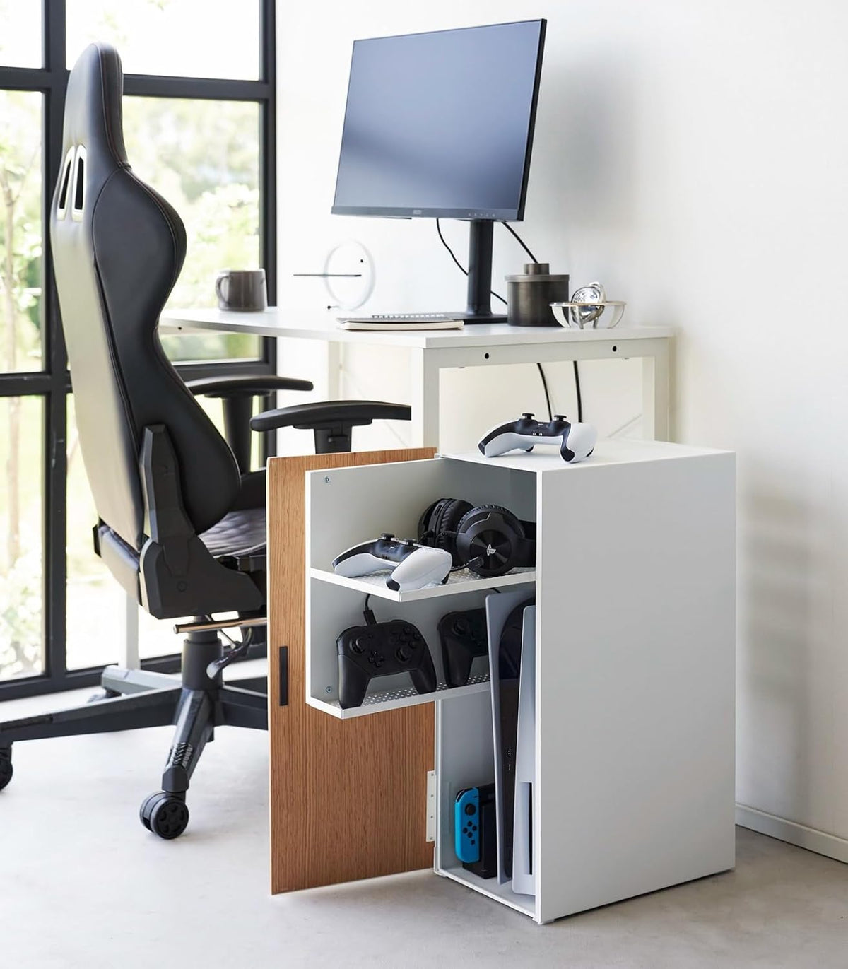 Yamazaki Home Tower Large Capacity Game Console Rack – Organize Controllers, Pull-Out Shelf, Cable Management - Steel