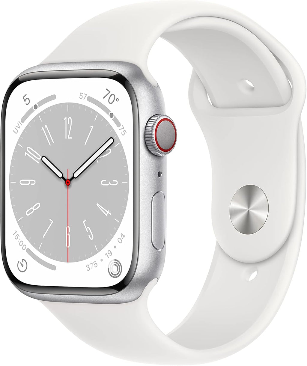 Apple Watch Series 8 GPS + Cellular 45mm Smart Watch w/Silver Aluminum Case with White Sport Band - S/M. Fitness Tracker, Blood Oxygen & ECG Apps, Always-On Retina Display, Water Resistant