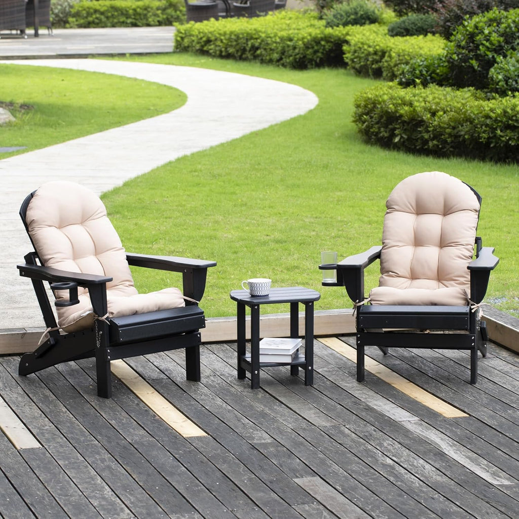 nalone Folding Adirondack Chairs Set of 2 with Cushions and Cup Holder, HDPE Plastic Oversized Patio Chair Weather Resistant, Used in Outdoor, Fire Pit, Deck, Garden, Campfire Chairs (Black)