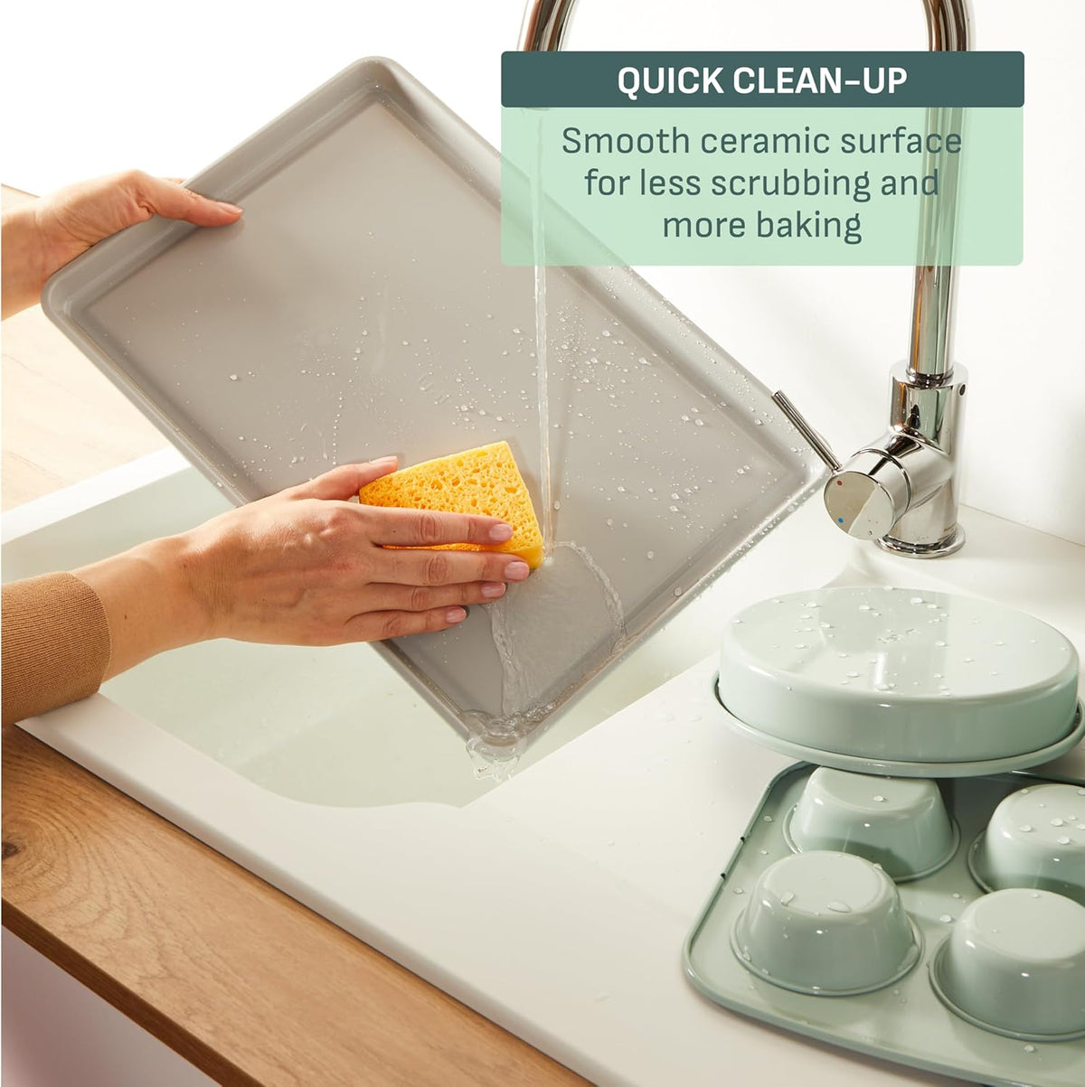 T-fal Refresh Ceramic Nonstick Baking Pans Set (8 Pc), Roaster, 12-Cup for Muffins, Loaf Trays, Baking Sheets Non Stick, Cooling Cooking Rack, Stackable Bakeware Set, Mint Green
