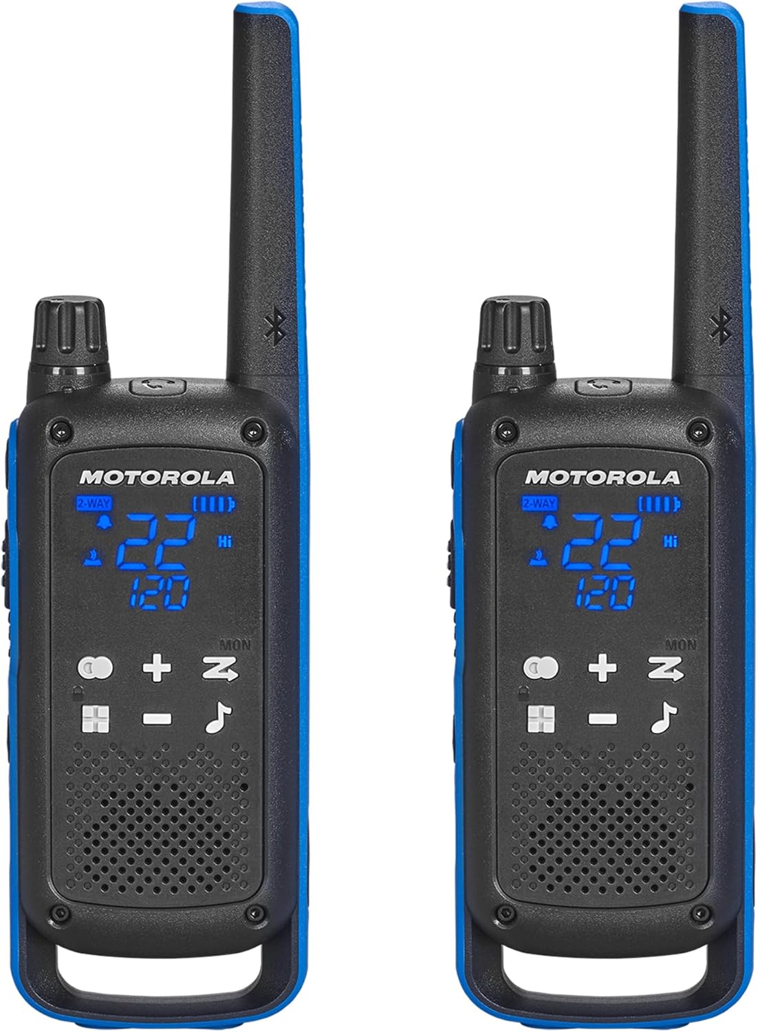Motorola Solutions, Portable FRS, T802, Talkabout, Two-Way Radios Waterproof IP54 Walkie Talkie Emergency Preparedness, Rechargable, 22 Channel, 35 Mile, Black W/Blue, 2 Pack