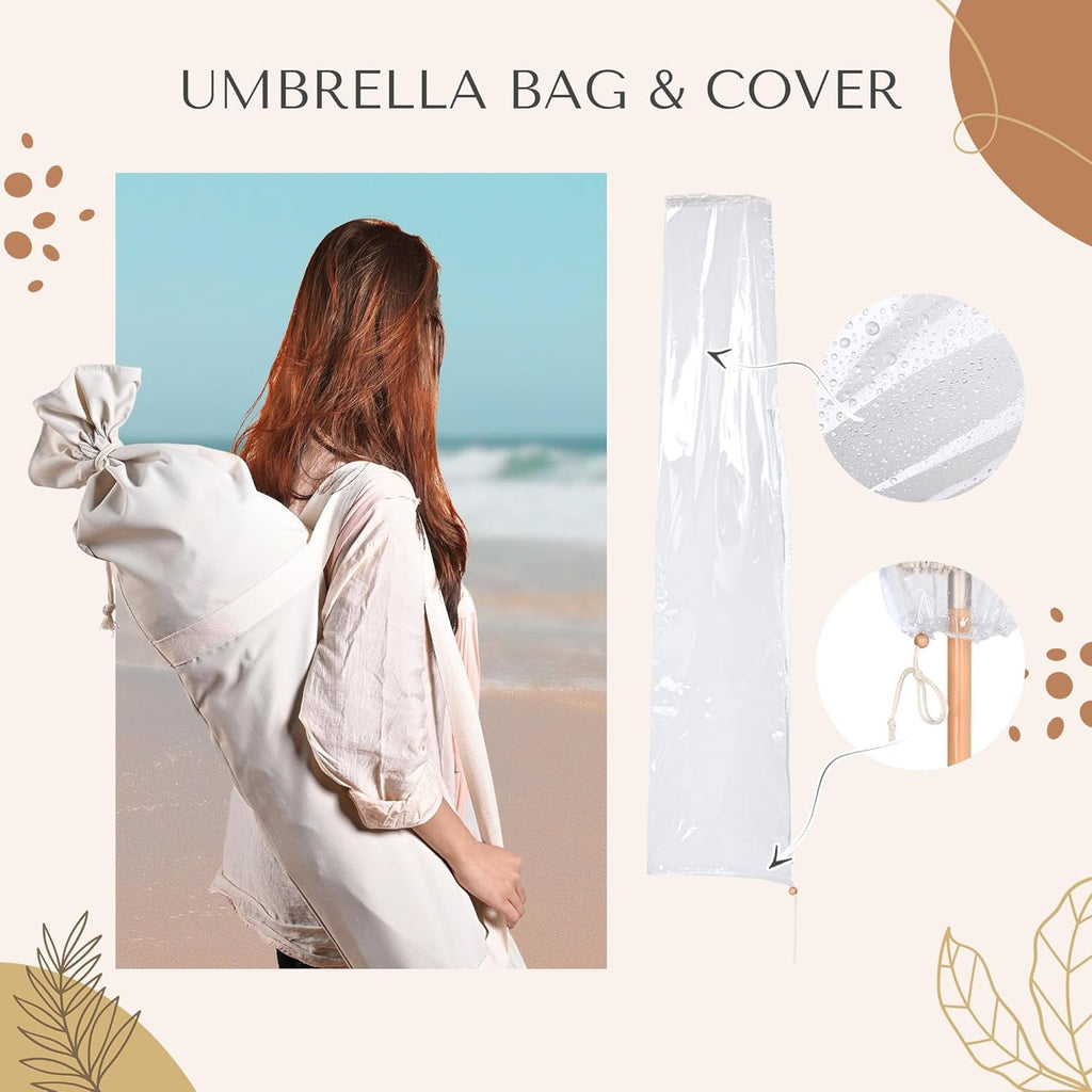 LAGarden Boho Market Wood Fringe Patio Umbrella with Carry Bag Tassels for Outdoor Event Garden Yard House Wedding Party Deck Poolside Sun Shade Parasol