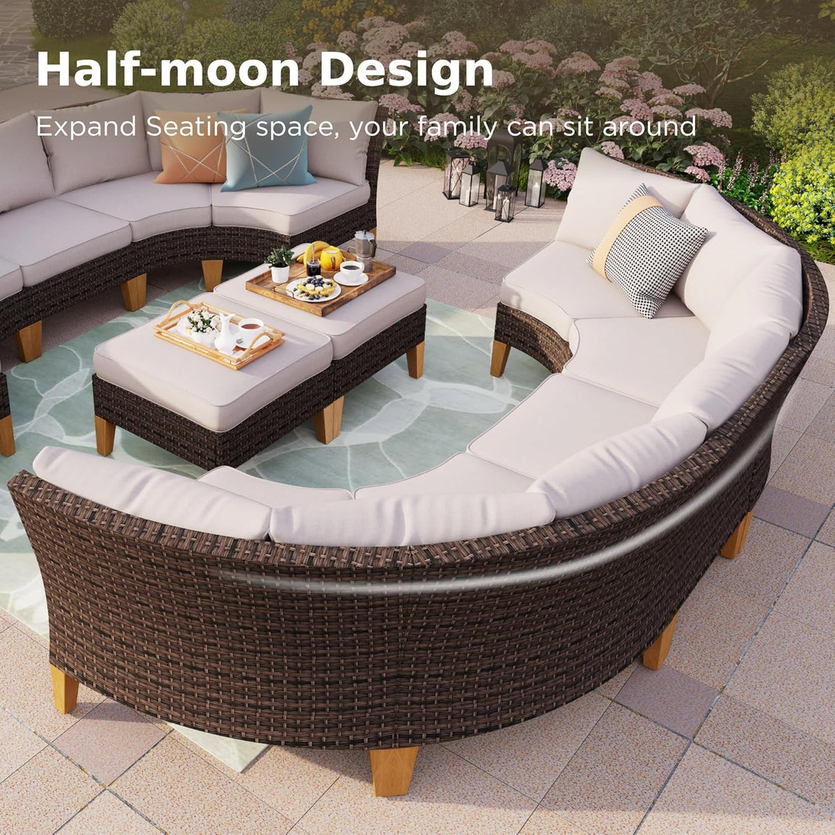 PHI VILLA 3-Piece Wicker Patio Furniture Set, Outdoor Curved Sectional Sofa Conversation Set with Cushions, Half-Moon Modular Couch for Garden, Deck, Backyard, Beige