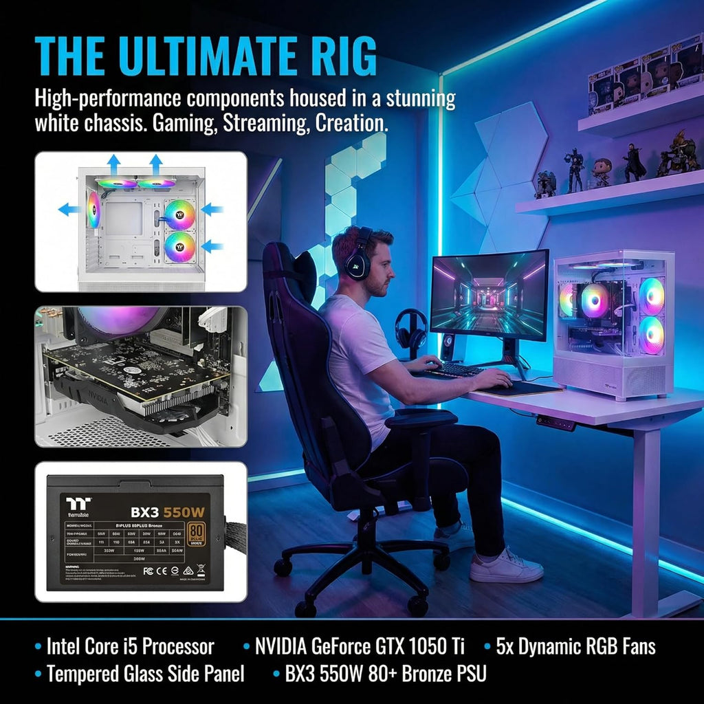 Budget Gaming PC Computers Desktop, Intel Core i7 up to 4.0GHz, GTX 1050 Ti 4GB, 16GB RAM, 512GB M.2 SSD, BX3 550W 80PLUS Bronze PSU, WiFi 5, RGB Fan x5, Windows 11 Home, prebuilt PC Gaming, White