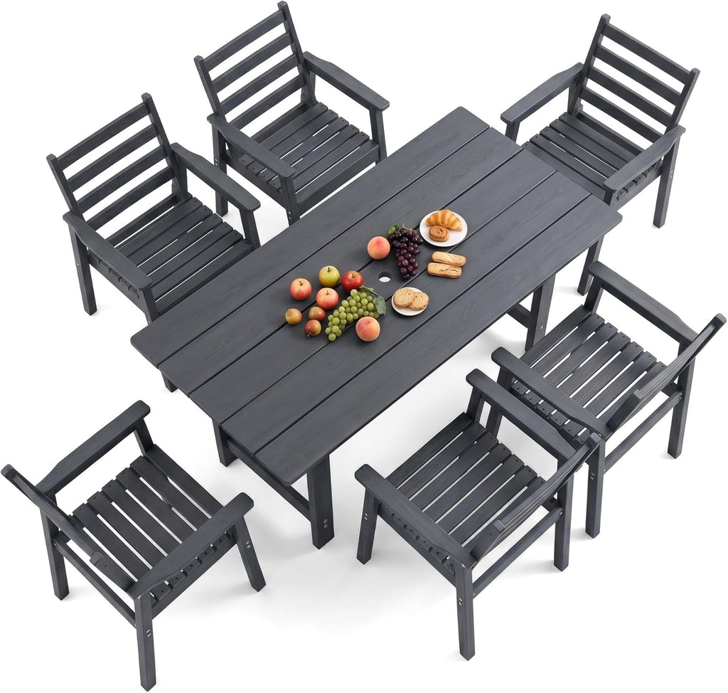 7 Piece HDPE Outdoor Dining Set for 6, Patio Dining Furniture Set with 2” Umbrella Hole, Weather Resistant Outdoor Table and Chairs for Garden, Poolside, Backyard, Deck
