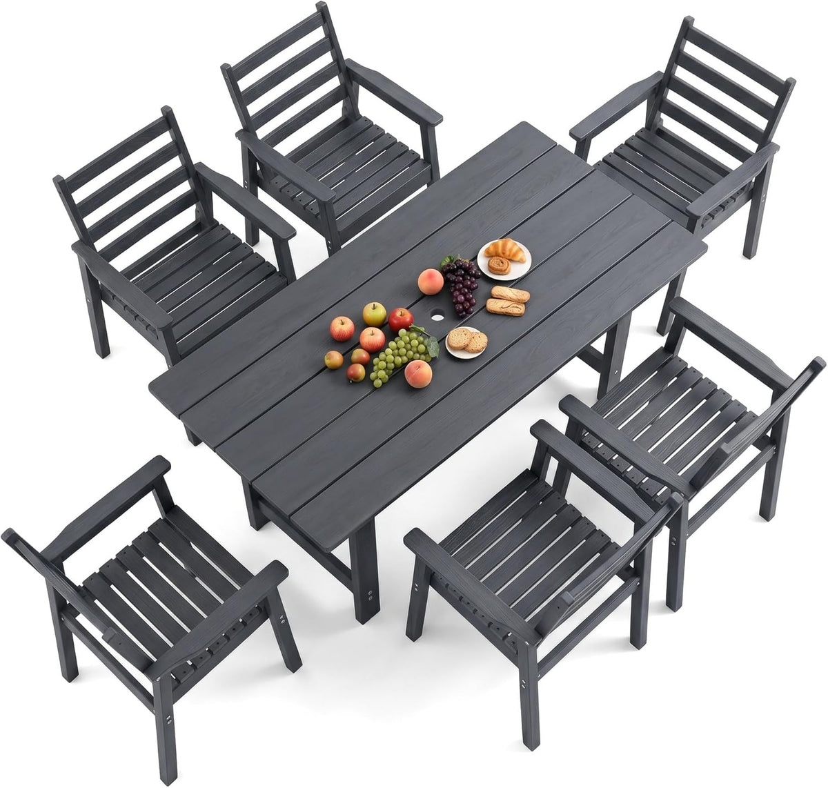 7 Piece HDPE Outdoor Dining Set for 6, Patio Dining Furniture Set with 2” Umbrella Hole, Weather Resistant Outdoor Table and Chairs for Garden, Poolside, Backyard, Deck