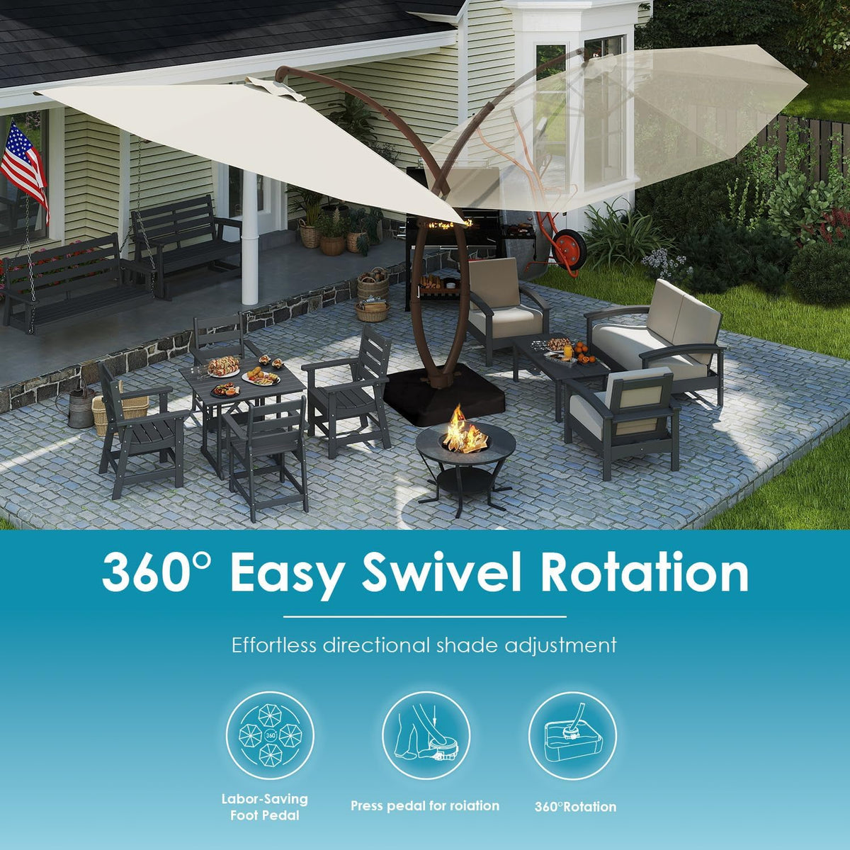 GREENVINES 11-FT-Patio-Offset-Cantilever-Umbrella | Outdoor Large Umbrellas with Base | Aluminum Ribs | Heavy Duty | Curvy | 360°Rotation | for Pool Garden Backyard Deck Lawn | Tan