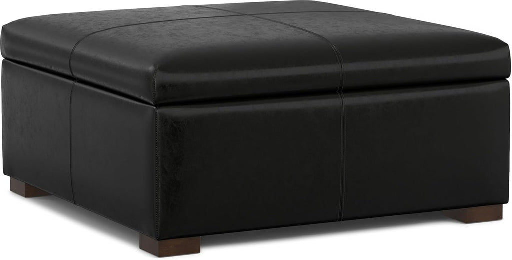 SIMPLIHOME Gabbie Storage Ottoman - 48 inch Wide Upholstered Vegan Leather Rectangle Storage Ottoman Bench in Midnight Black, Contemporary Ottoman for Living Room with Lift-Up Lid