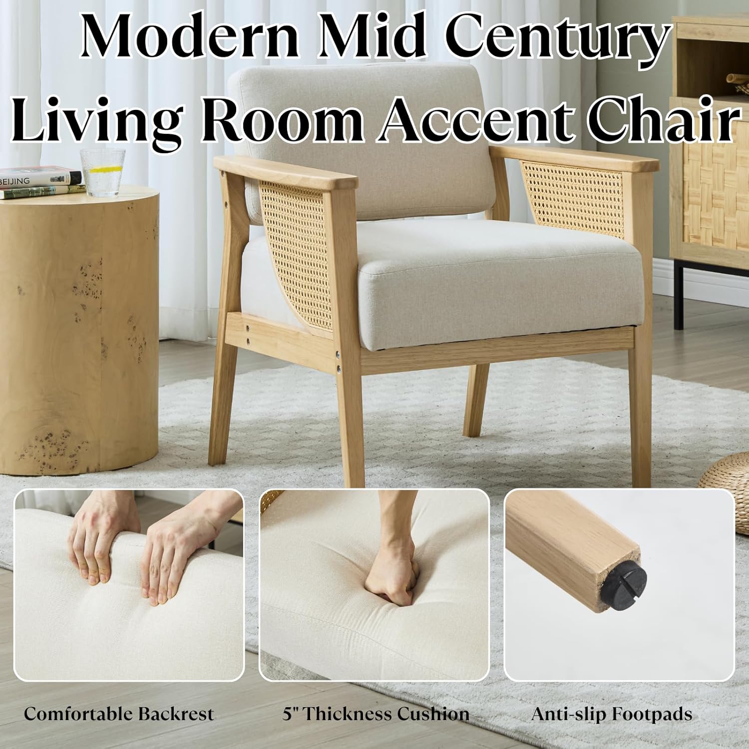 Mid Century Modern Accent Chair Set of 2, Rattan Armchair with Wood Legs Living Room Chair Linen Upholstered Lounge Chair for Bedroom Reading Room, Beige