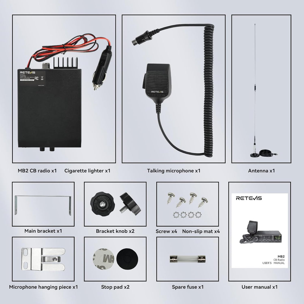 Retevis MB2 40-Channel AM/FM CB Radio Kit, Long Range Radio with Antenna for Trucker Stop, Emergency Channel 9/19, VOX, Easy to Use, with Cigarette Lighter Fixed-Mount