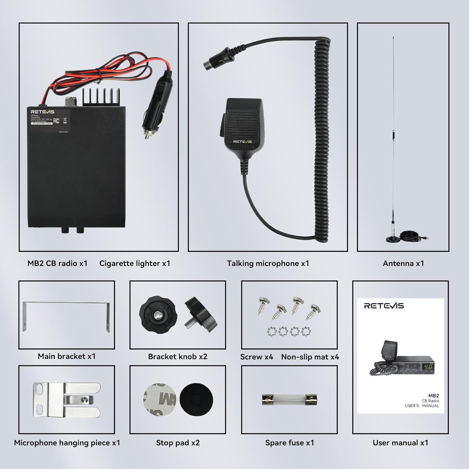 Retevis MB2 40-Channel AM/FM CB Radio Kit, Long Range Radio with Antenna for Trucker Stop, Emergency Channel 9/19, VOX, Easy to Use, with Cigarette Lighter Fixed-Mount