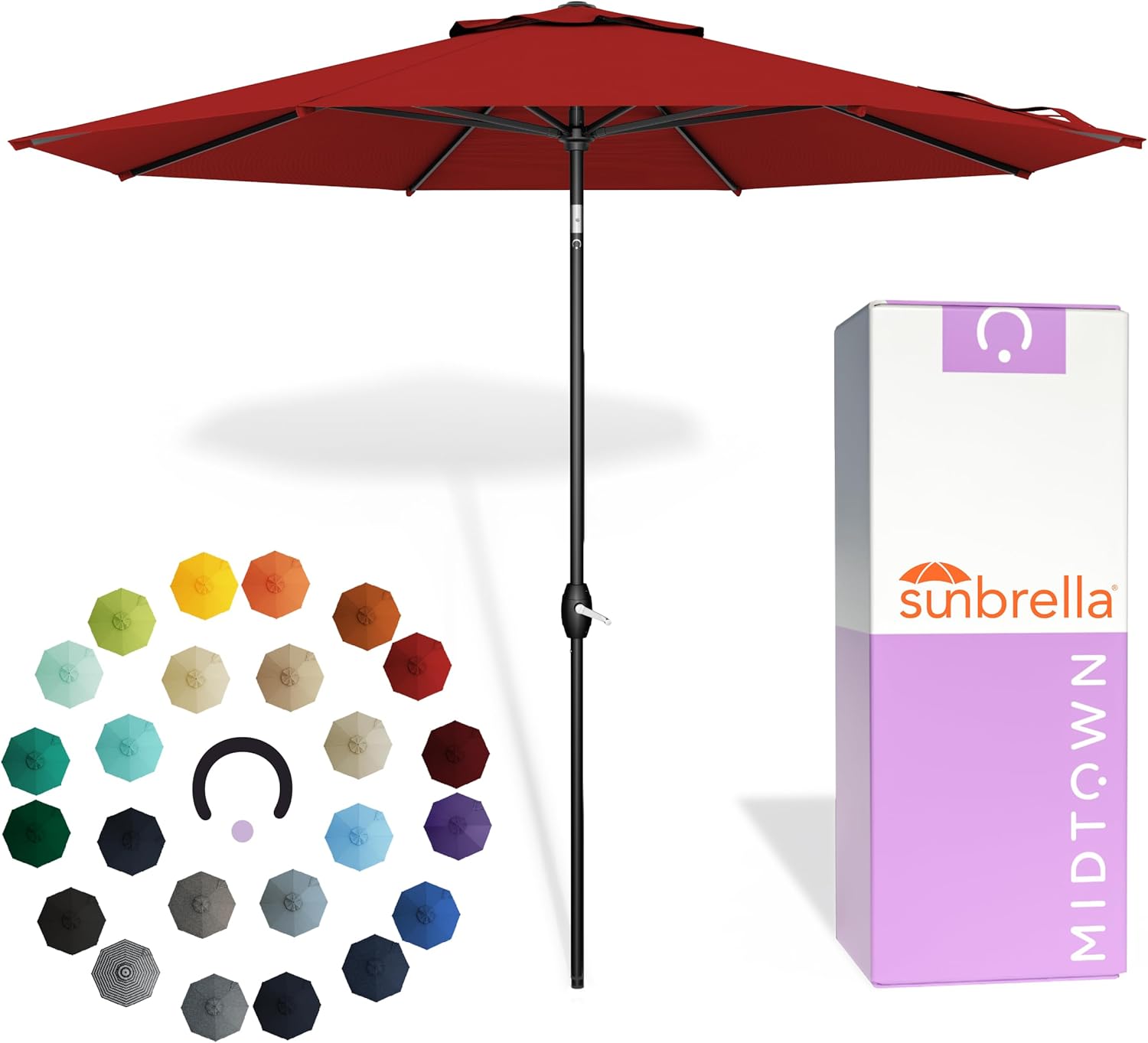 Midtown Umbrellas - The Lean 9 Ft Patio Umbrella with Fade-Resistant Sunbrella Fabric, Auto-Tilt Aluminum Frame and 8 Reinforced Ribs for Deck, Pool & Garden - Red Canopy, Black Pole