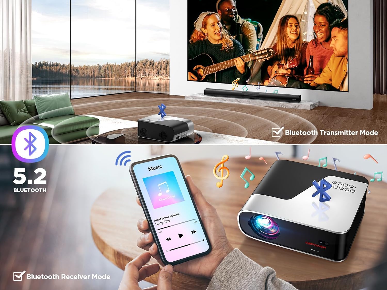 Auto Focus/Auto Keystone Smart Projector with WiFi and Bluetooth, Dolby Audio,DBPOWER Native 1080p Projector, Movie Projector, 50% Zoom with Carry Bag