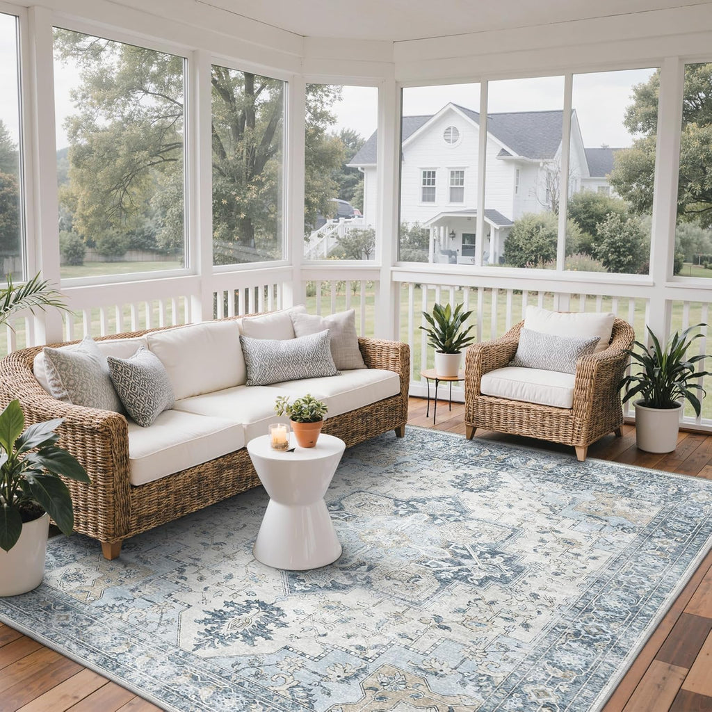 GENIMO Outdoor & Indoor Area Rug 8'x10', Waterproof, Non-Shedding, Easy Cleaning, Boho Mat for Patio, Living Room, Balcony, Dining Room, RV, Deck, Bedroom, Camping, Outside Carpet,Blue