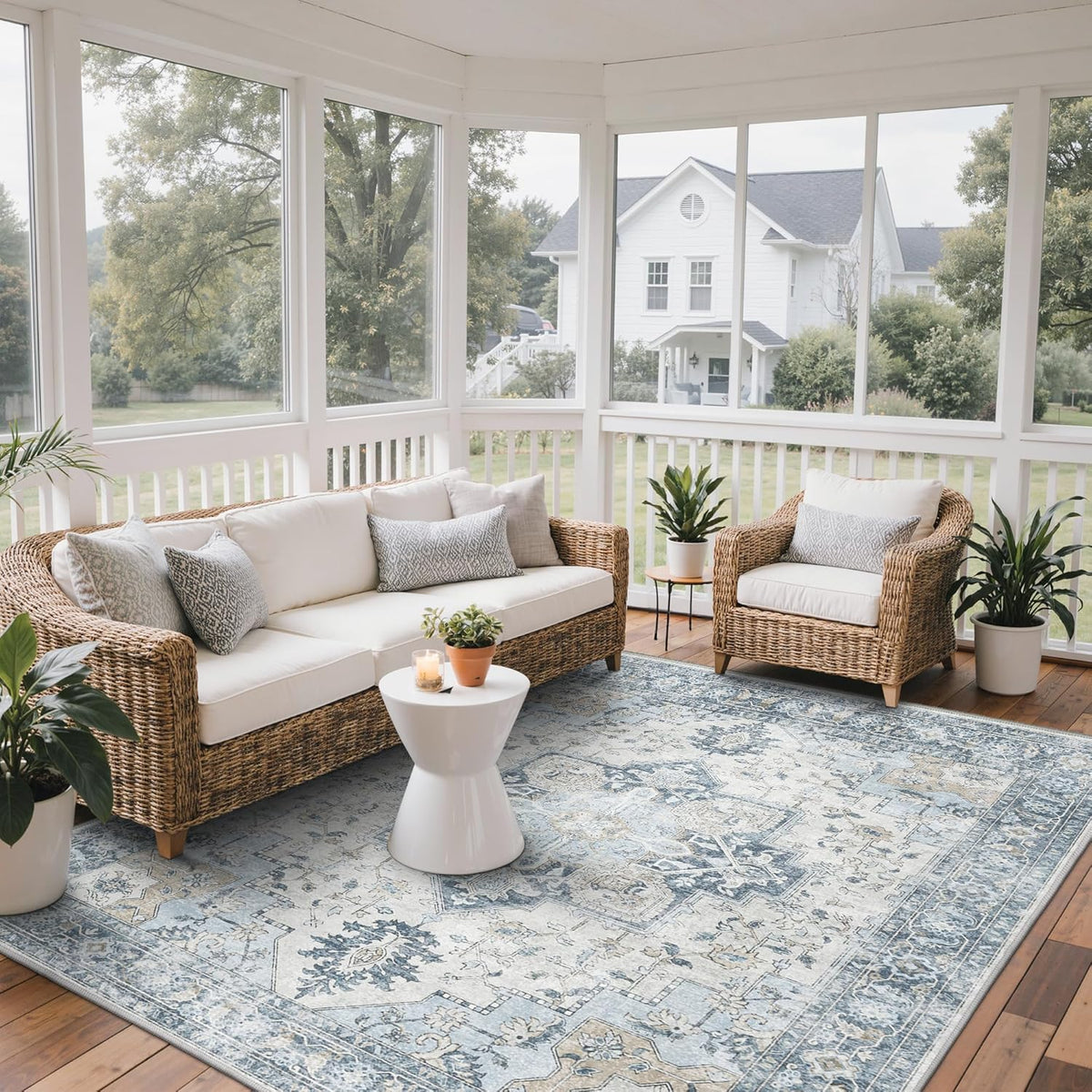 GENIMO Outdoor & Indoor Area Rug 9'x12', Waterproof, Non-Shedding, Easy Cleaning, Boho Mat for Patio, Living Room, Balcony, Dining Room, RV, Deck, Bedroom, Camping, Outside Carpet,Blue