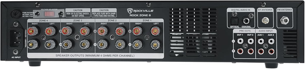 Rockville Rock Zone 8 1000W RMS 8-Channel 8-Zone Amplifier, Bluetooth, USB, Optical/Coaxial/RCA Inputs, Mic/FM, Rack-Mountable, for Multi-Room Home or Commercial Audio