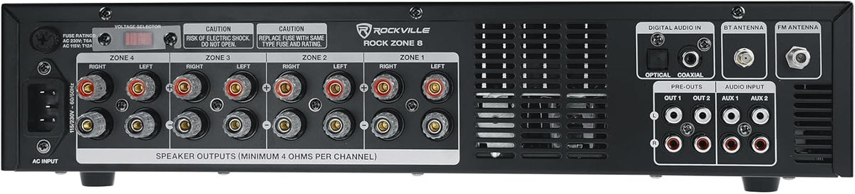 Rockville Rock Zone 8 1000W RMS 8-Channel 8-Zone Amplifier, Bluetooth, USB, Optical/Coaxial/RCA Inputs, Mic/FM, Rack-Mountable, for Multi-Room Home or Commercial Audio