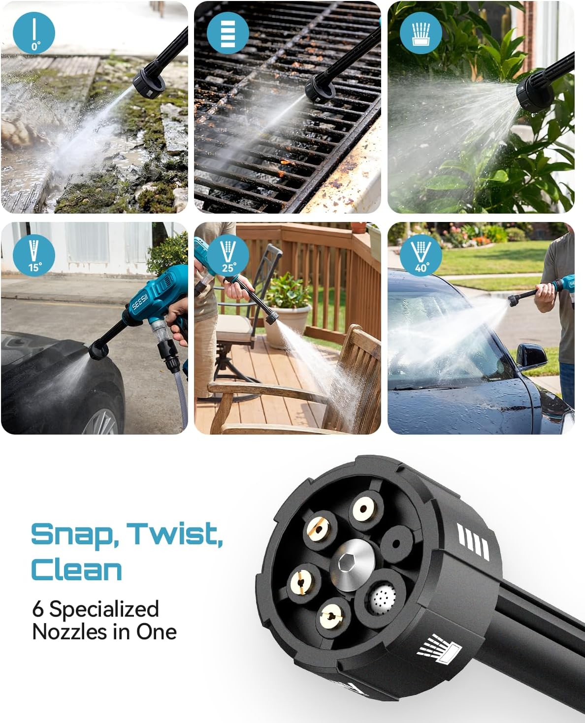 SEESII Cordless Portable Washer, Electric Power Washer with 2x4000mAh Batteries, Lightweight Washer Gun with 6-in-1 Nozzle & 27FT Hose, Handheld Power Cleaner for Car, Driveway, Garden, Patio & Fence