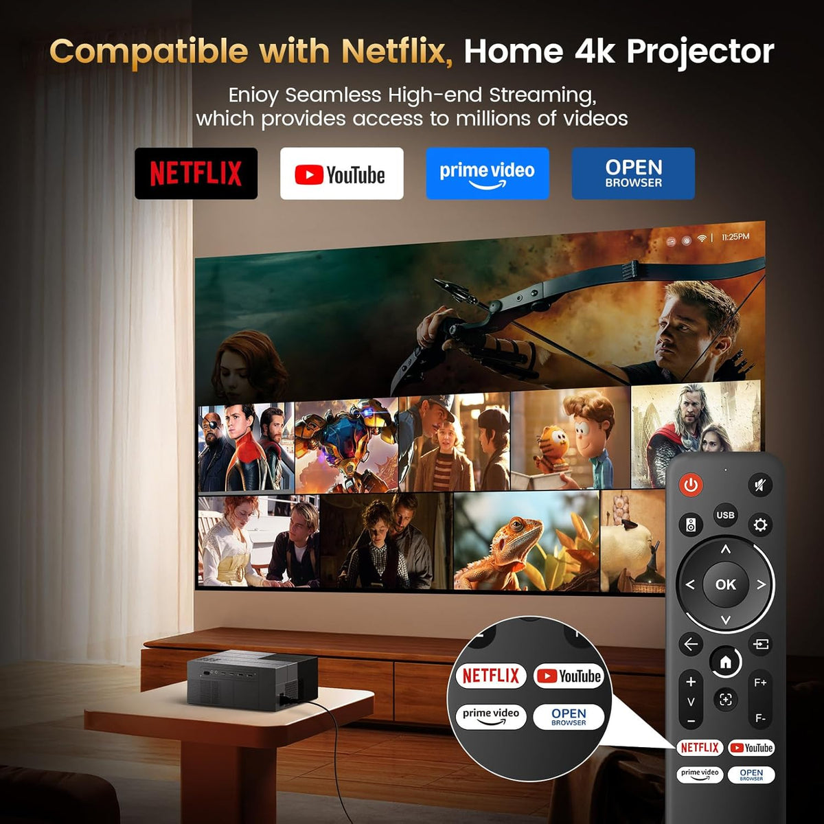 4K Projector with Built-in Apps, 1500 ANSI/Compatible with Netflix/Dolby Audio Smart Projector with WiFi 6 and Bluetooth 5.3,Outdoor Movie Proyector for Home Theater Gift for Her/Him